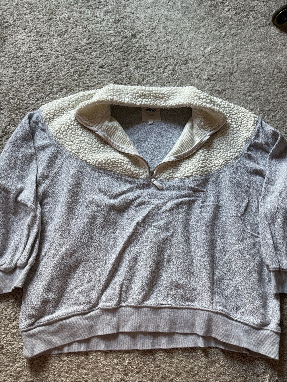 aerie Light Gray Pullover with Cream Sherpa Collar